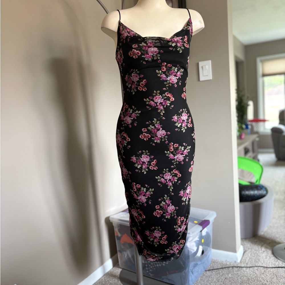 Windsor Black Midi Dress with Elegant Floral Design